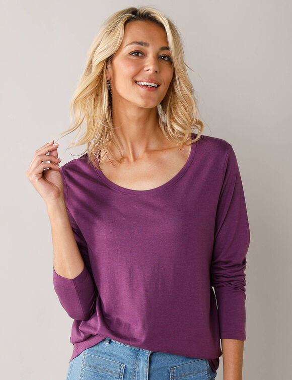 T-shirt col rond manches longues uni (violet) T-shirt col rond manches longues uni (violet)